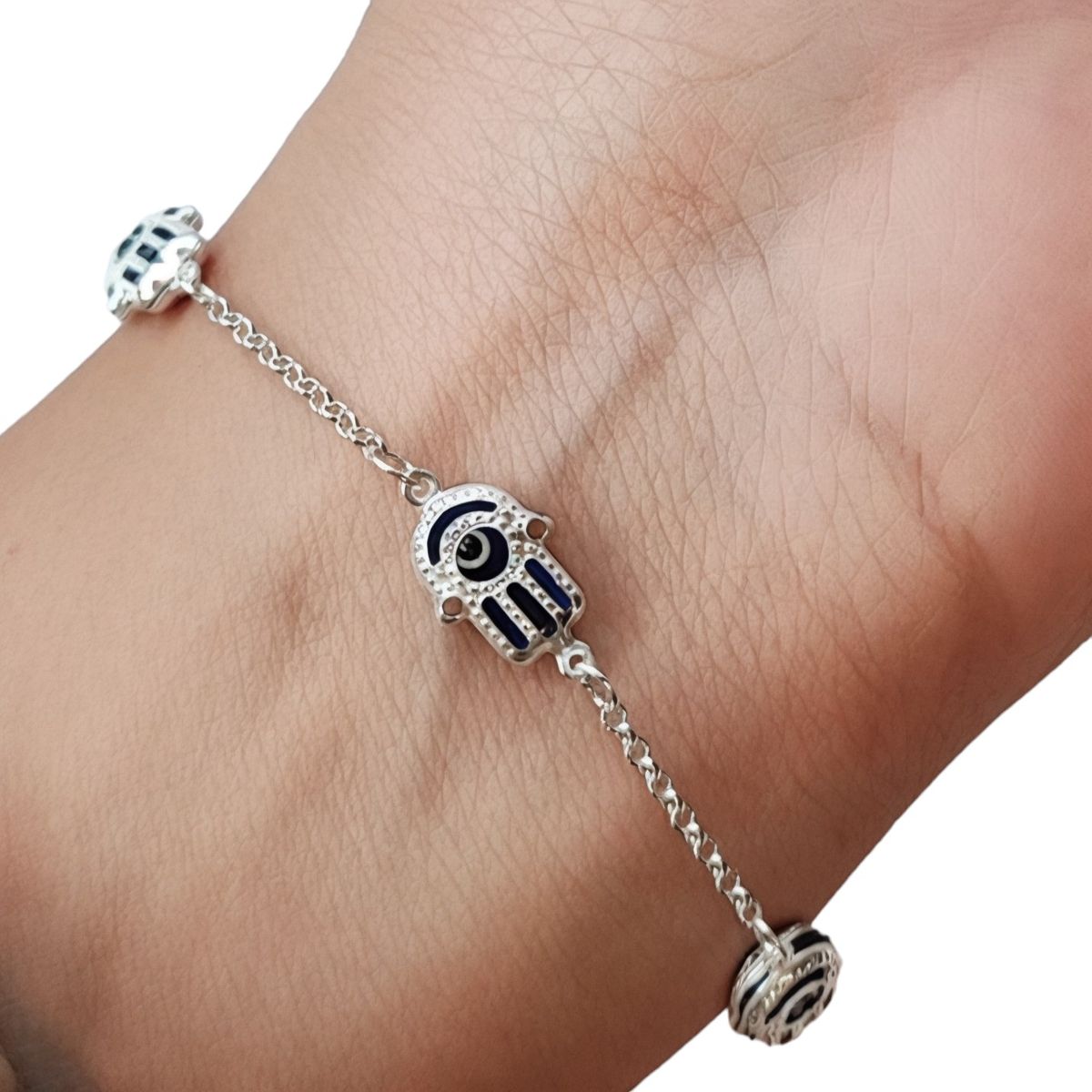 COGGIOLA - Pulsera Mano Fátima Cristal Azul Cadena Plata Fina 925