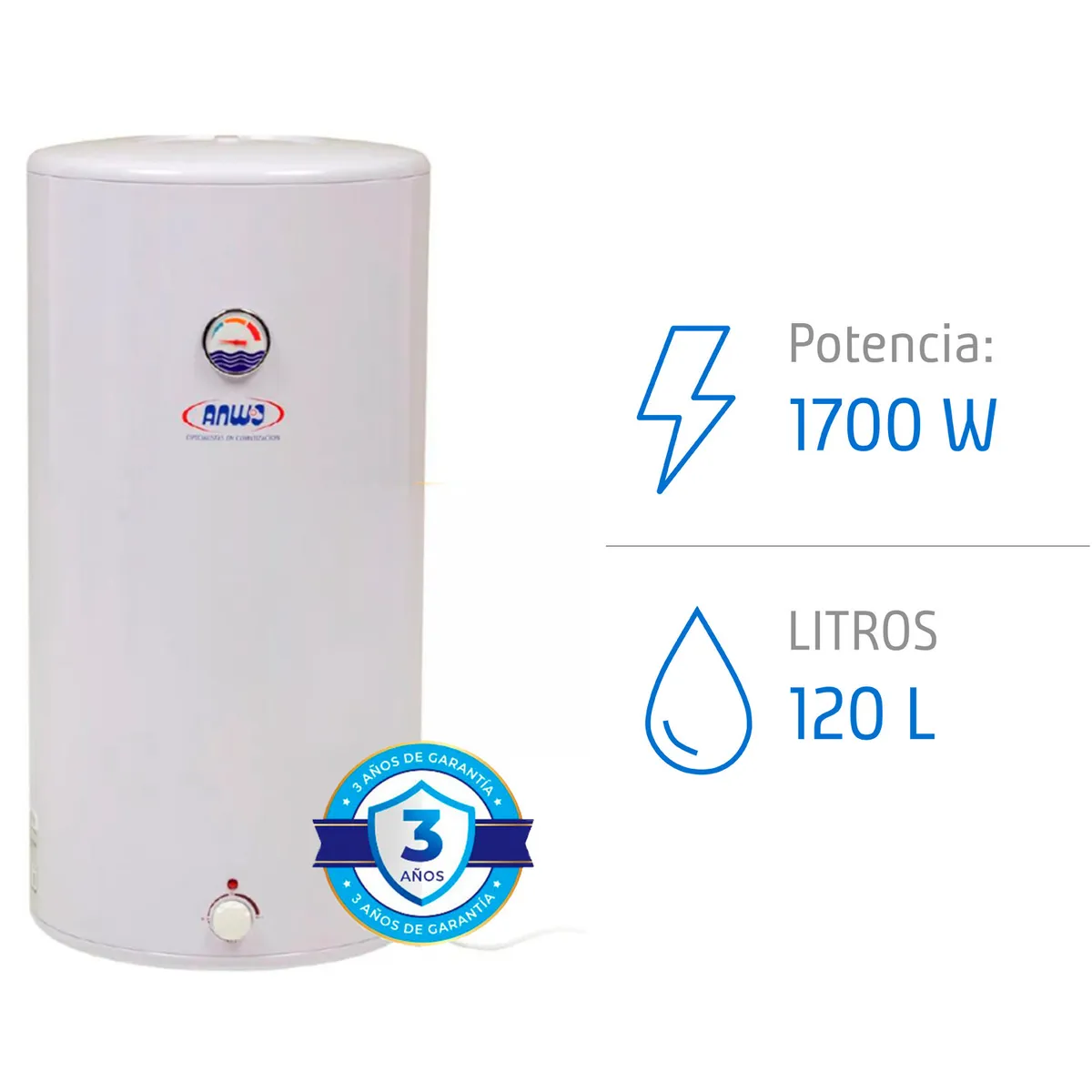 ANWO - Termo Eléctrico 120L Anwo 1700W Mural 3 Duchas Bajo Consumo Sistema Anti Sarro
