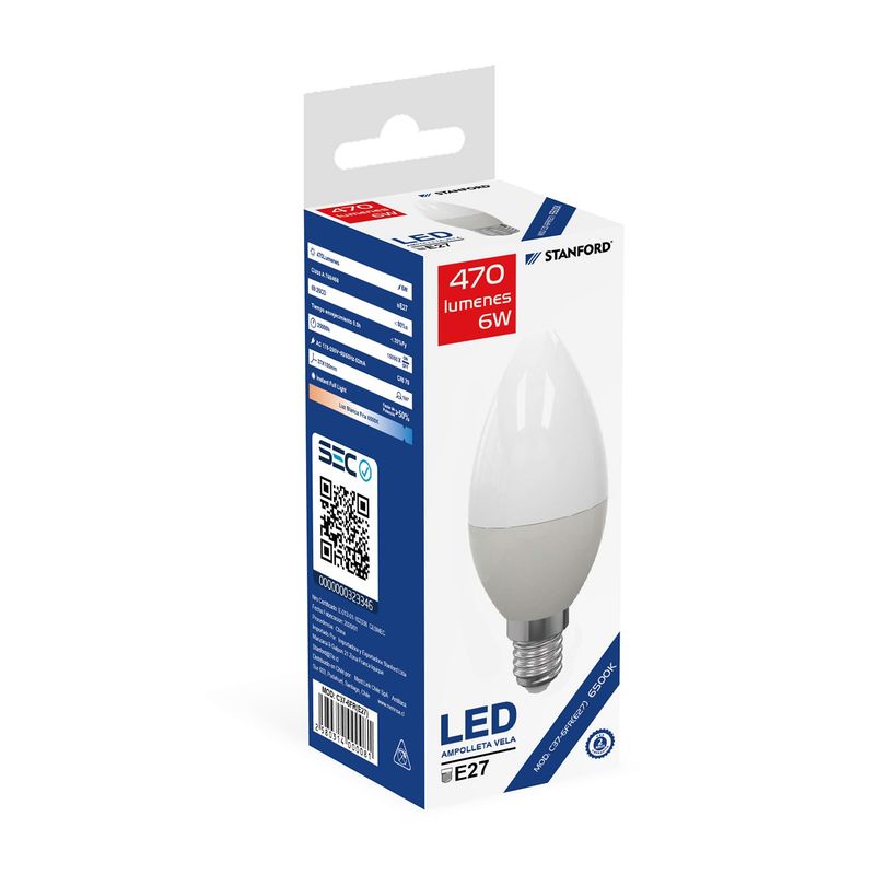 STANFORD - Pack de 5 Ampolletas Led Vela 6W E14 Luz Frìa