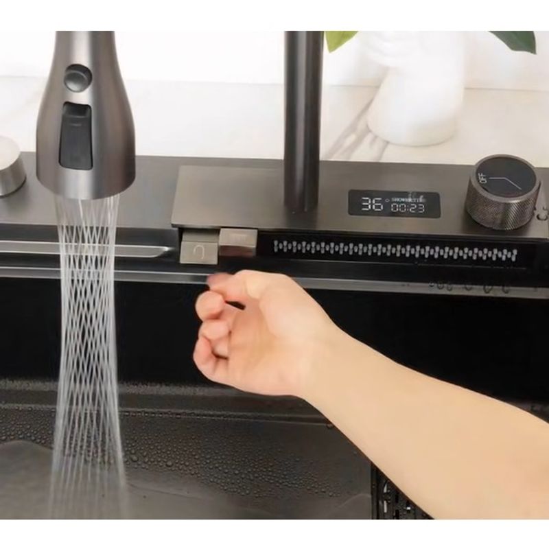 AQUATREND - Lavaplatos 46x75x22  Grifería con Panel Digital  Lavavasos Cascada de Agua y Acc
