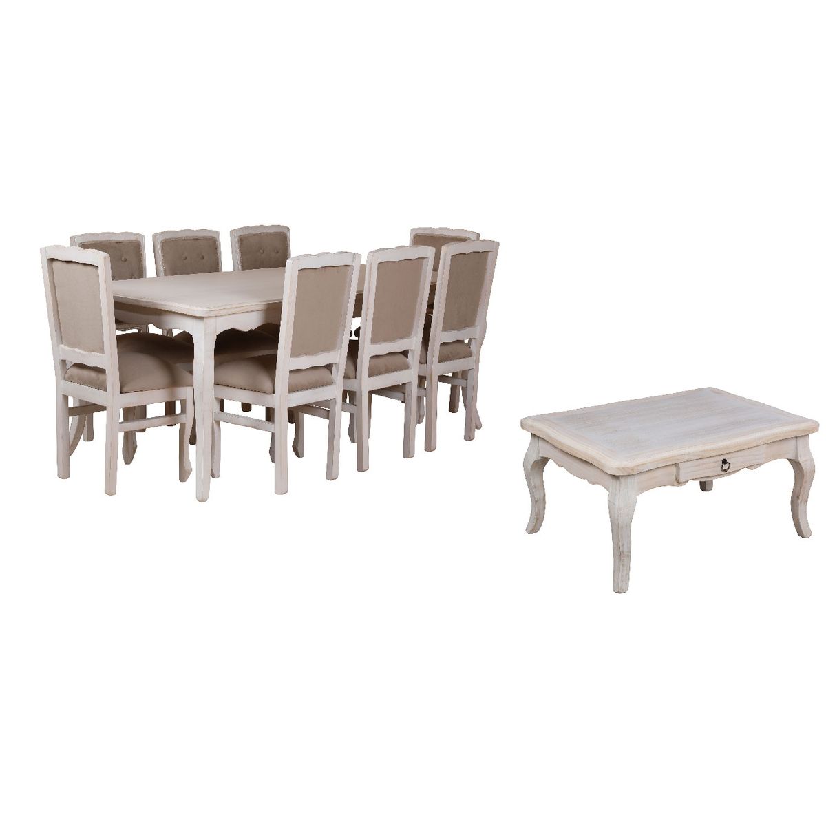 MUEBLES NATIVA - Combo Comedor 100x200 Respaldo Tapizado beige  Mesa de centro