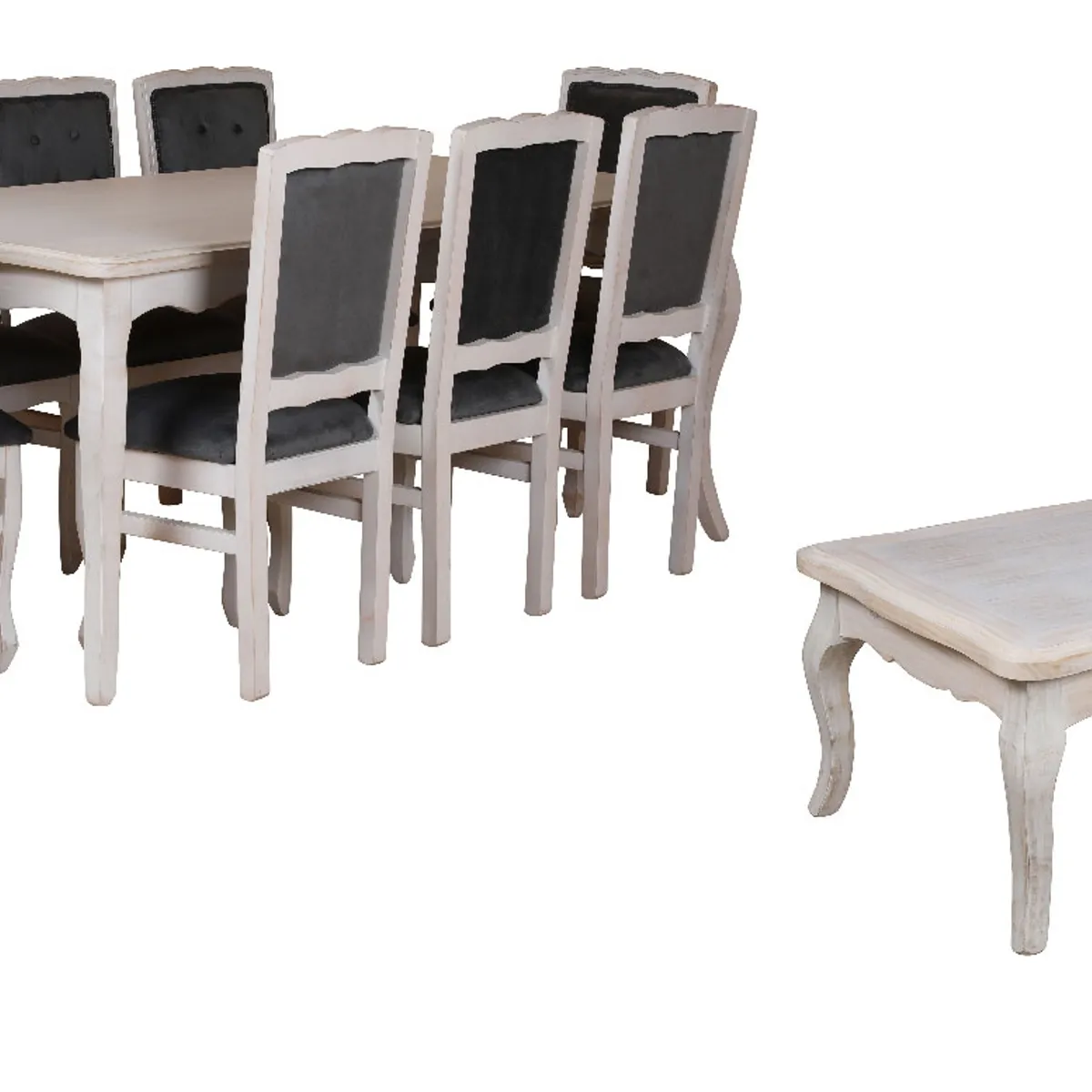 MUEBLES NATIVA - Combo Comedor 100x200 Respaldo Tapizado gris  Mesa de centro