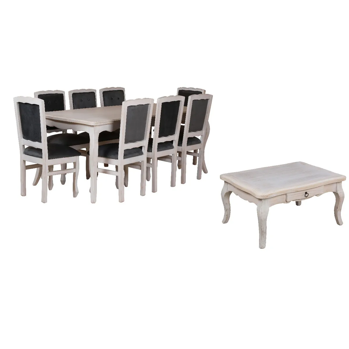 MUEBLES NATIVA - Combo Comedor 100x200 Respaldo Tapizado gris  Mesa de centro