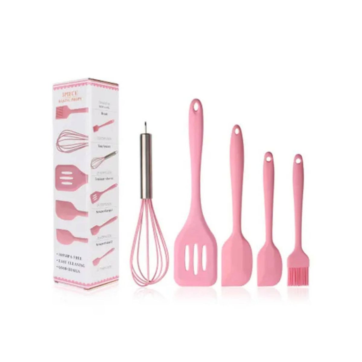 GENERICO - Set de 5 Utensilios De Cocina De Silicona Reposteria Rosado
