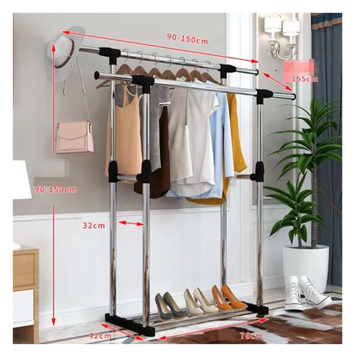 GENERICO - Perchero Extendible Doble Barra Baño 90- 150cm 90-155cm.