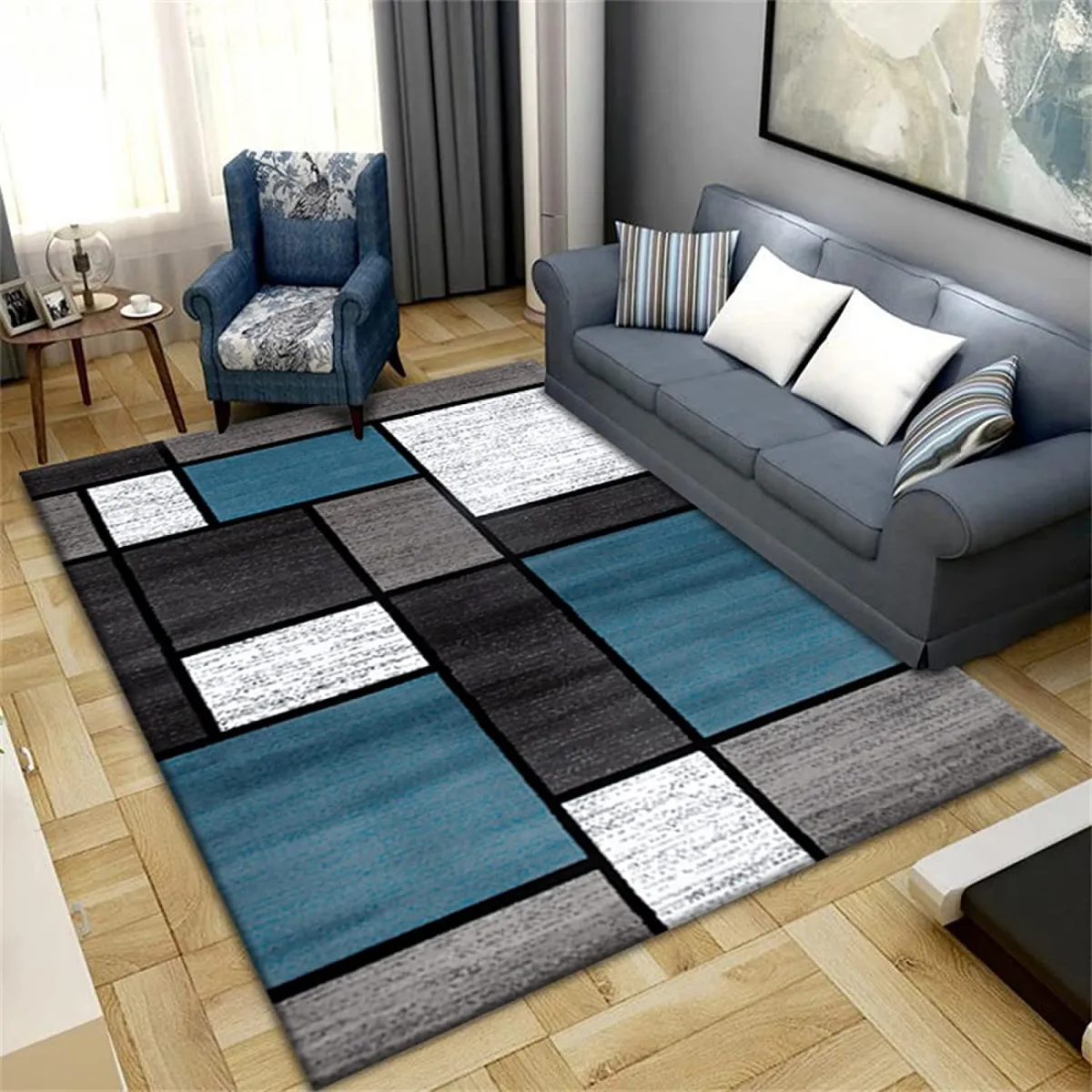 GENERICO - ALFOMBRA 160x200 CON DISEÑO DECORATIVO GEOMETRICO AZUL MARIA