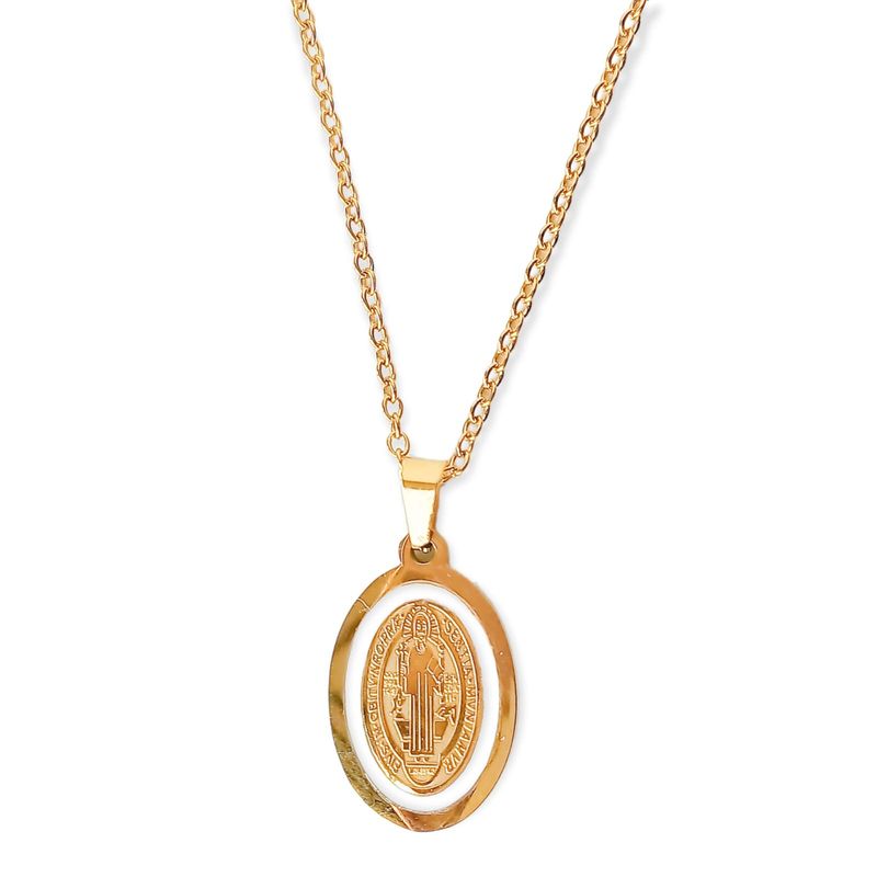 ELBAULDEJUMA - Colgante Collar Medalla San Benito Concha Nacar Chapado Oro