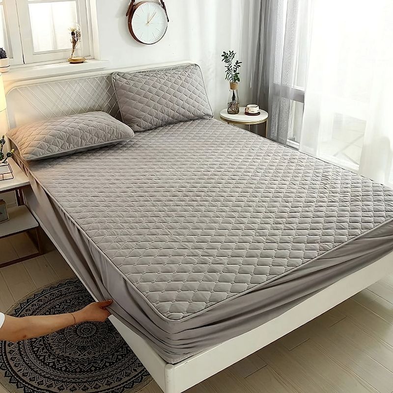 GENERICO - Cubrecolchon Impermeable 2 Plazas Gris + Fundas Para Almohadas