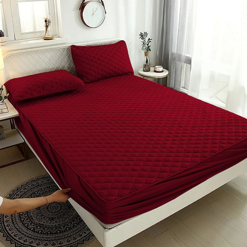 GENERICO - Cubrecolchon Impermeable 2 Plazas Burdeo + Fundas Para Almohadas