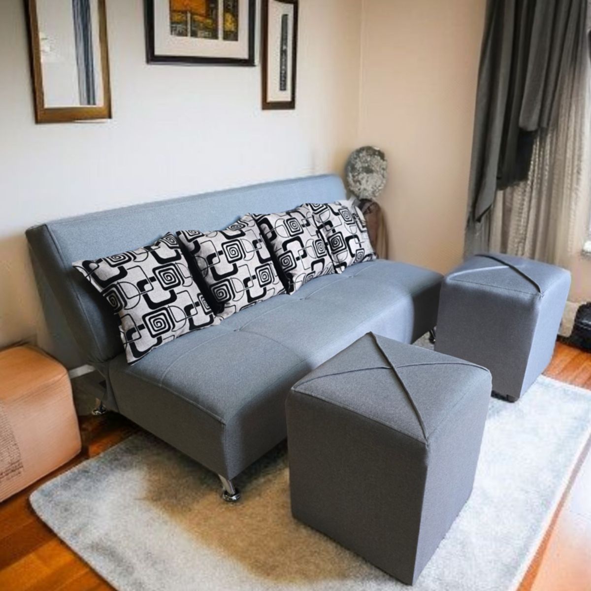 GENERICO - Futón Pequeño (150cm) 2cuerpos + 2 puff + 2cojines