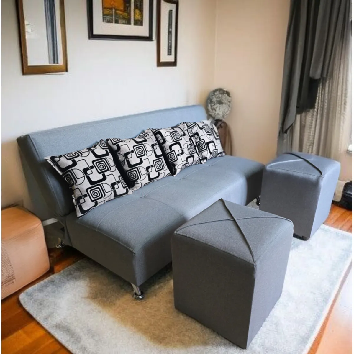 GENERICO - Futón Pequeño (150cm) 2cuerpos + 2 puff + 2cojines