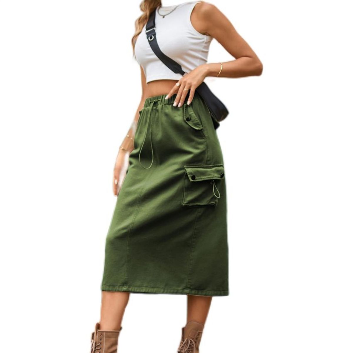 SIMPLEE - Falda Cargo Midi - Verde Militar