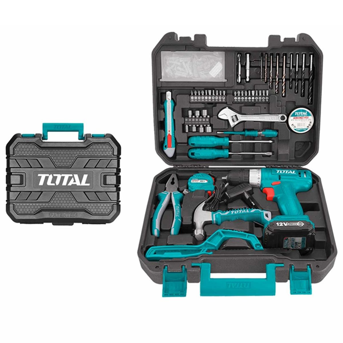 TOTAL TOOLS - Kit Taladro Atornillador 12v + Herramientas 128 Piezas Total
