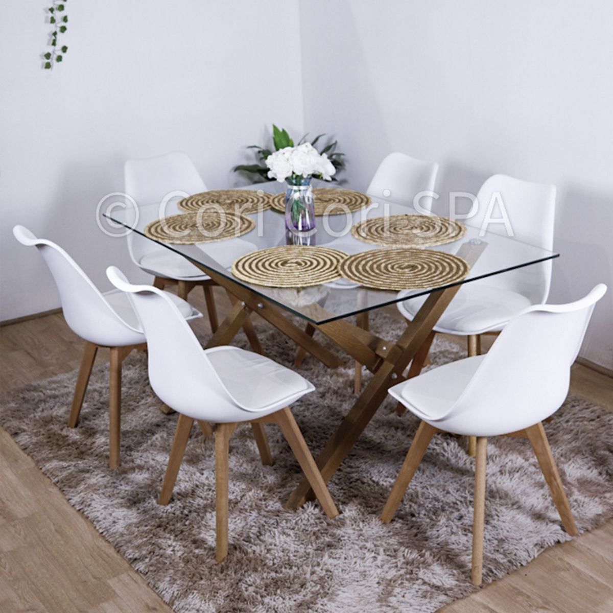 CORI CORI - Comedor Medlock Vidrio 140x90 + 6 Sillas Tulip Blanco