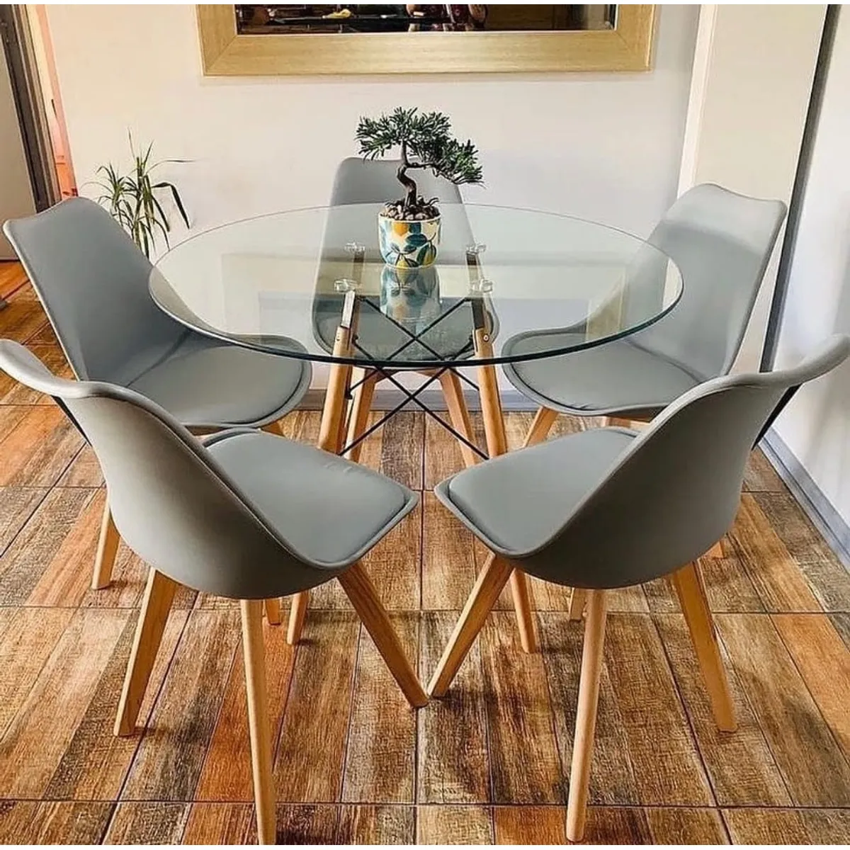 CORI CORI - Juego de Comedor Mesa Vidrio Redonda 100 cm + 5 Sillas Tulip Grises