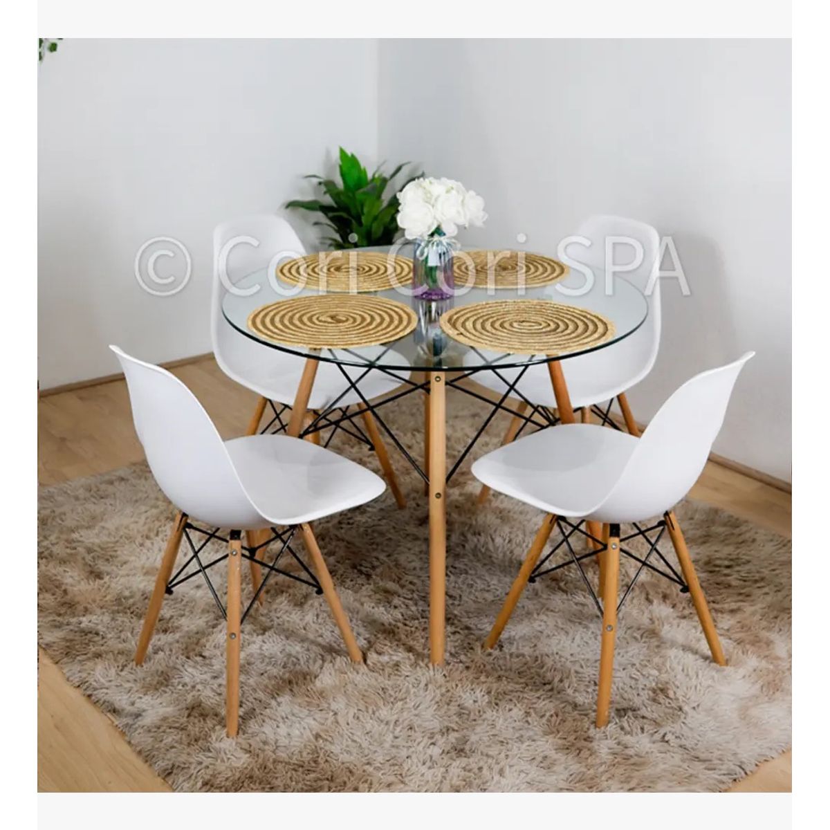 CORI CORI - Juego de Comedor Mesa Vidrio 100cm + 4 Sillas Eames Blancas