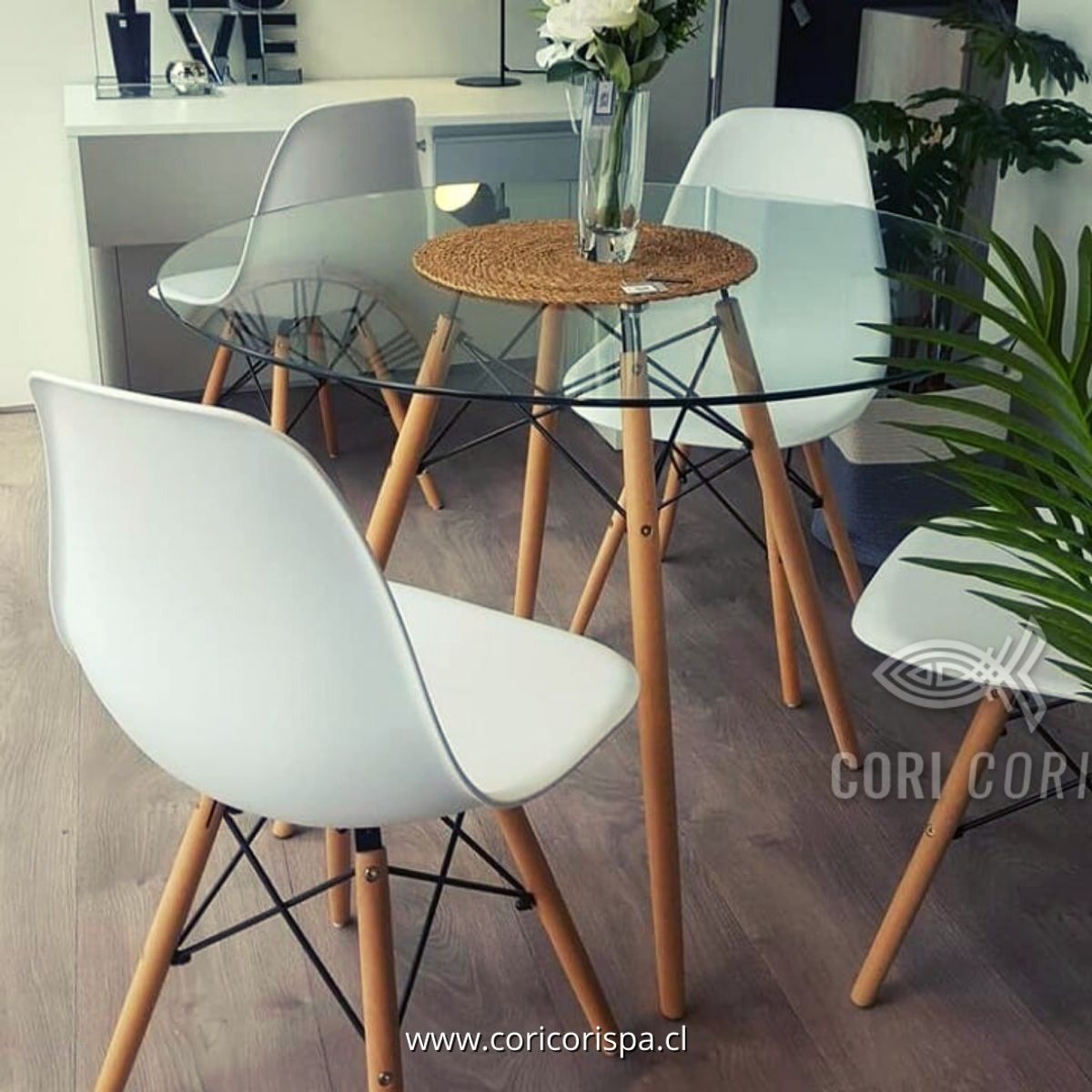 CORI CORI - Juego de Comedor Mesa Vidrio 100cm + 4 Sillas Eames Blancas