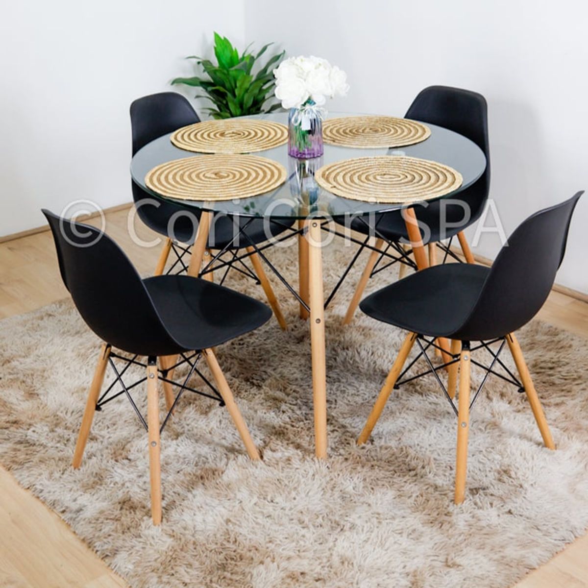 CORI CORI - Juego de Comedor Mesa Redonda de Vidrio 100cm + 4 Sillas Eames Negra