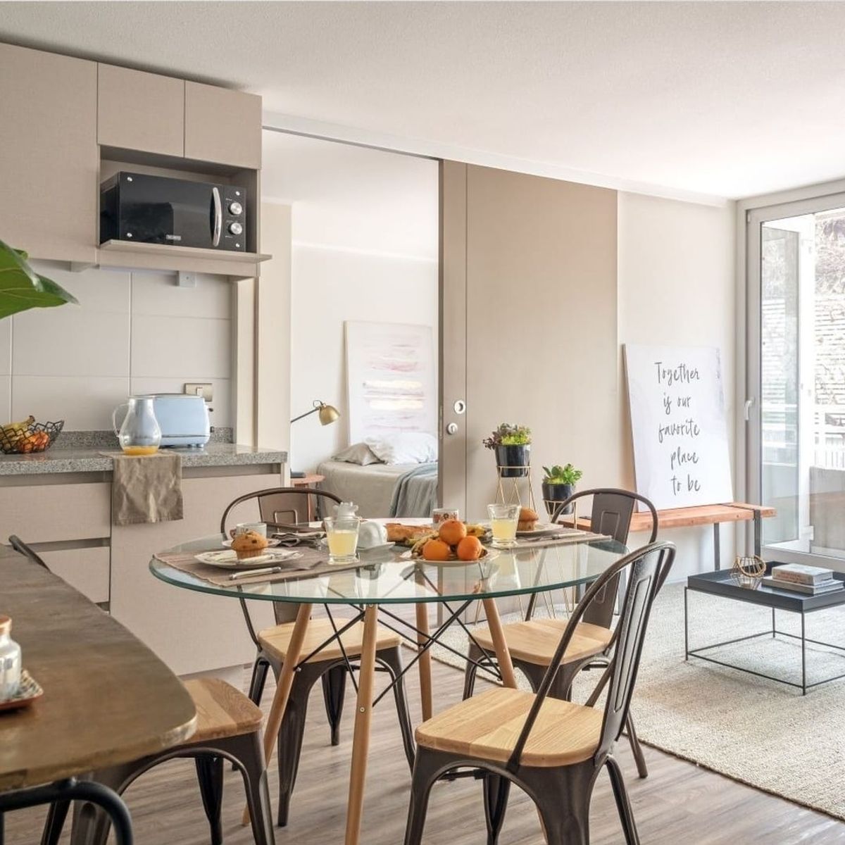 CORI CORI - Juego de Comedor Mesa vidrio 100cm + 4 Sillas Tolix Negro (Madera)