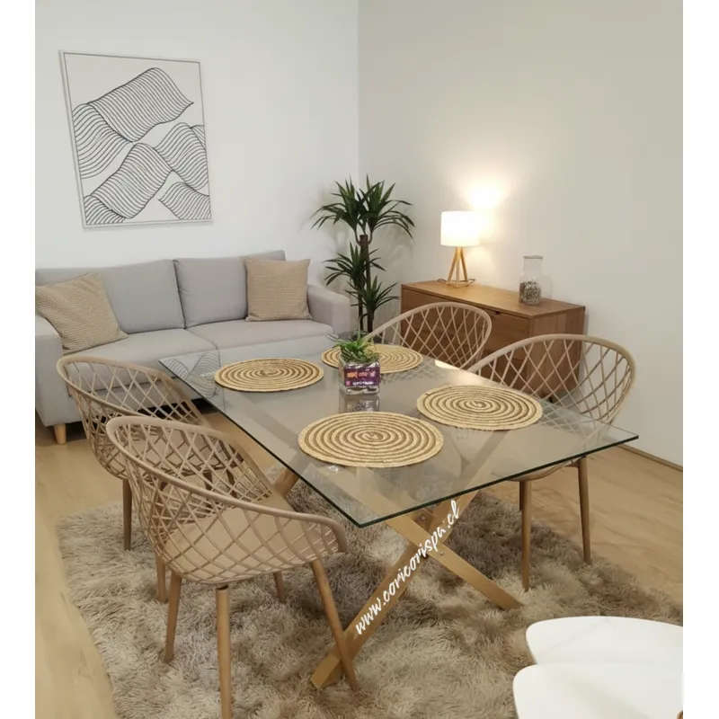 CORI CORI - Juego de Comedor Vidrio 140x90 + 4 Sitiales Mesh Beige