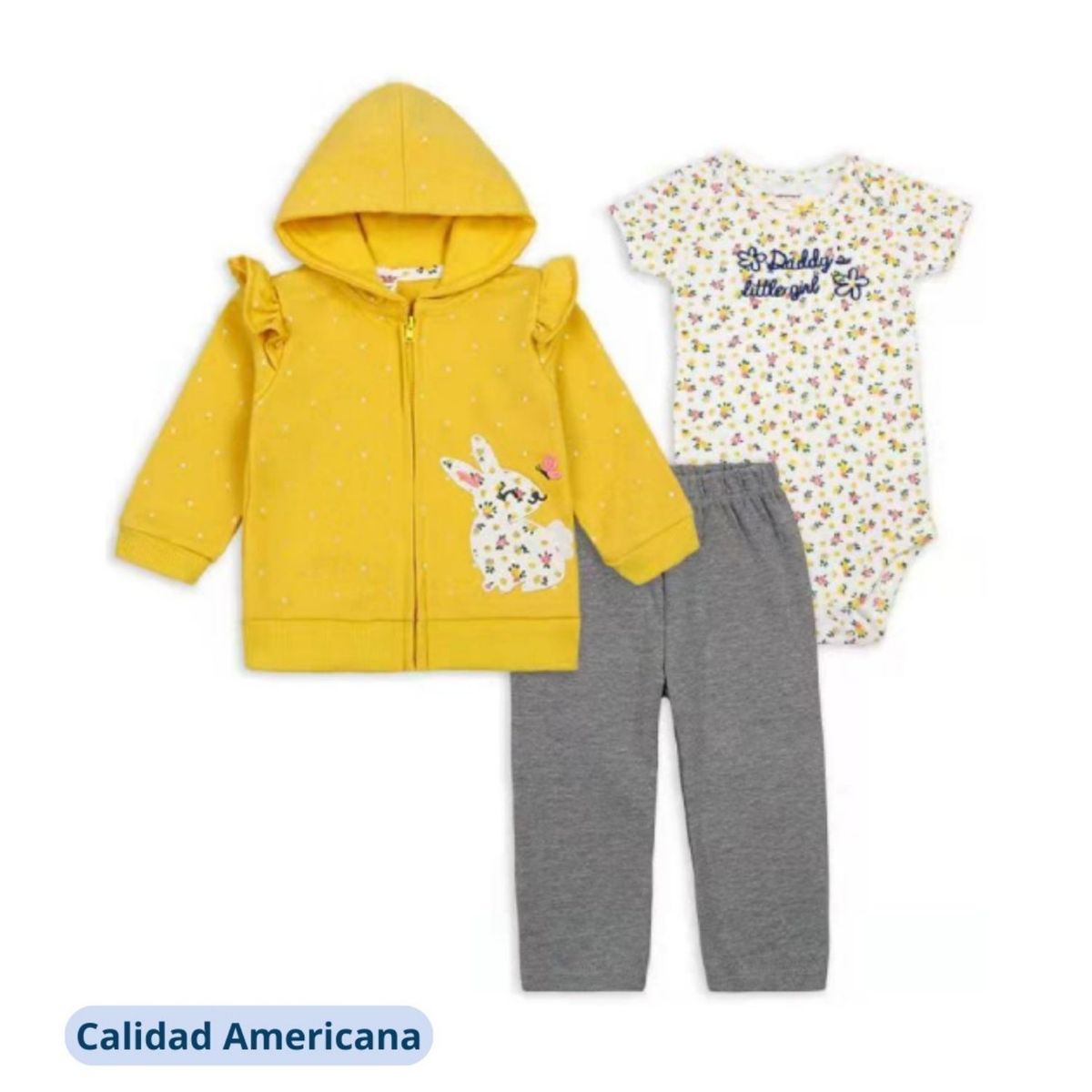 TEDMIMAK - Pack 3 Bebe Niña Piezas Poleron Pantalón Body Tedmimak Amarillo