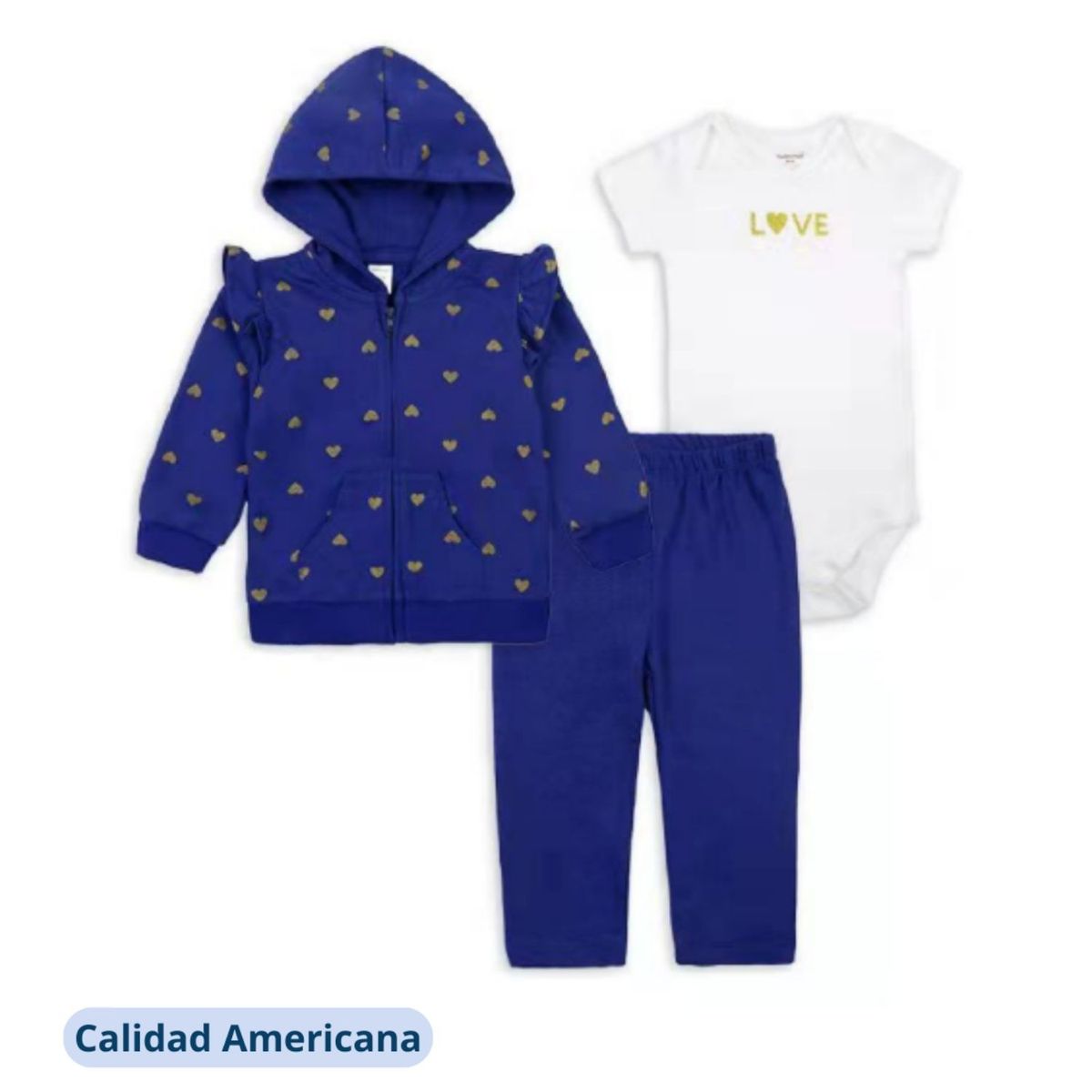 TEDMIMAK - Pack 3 Bebe Niña Piezas Poleron Pantalón Body Tedmimak Love Blue