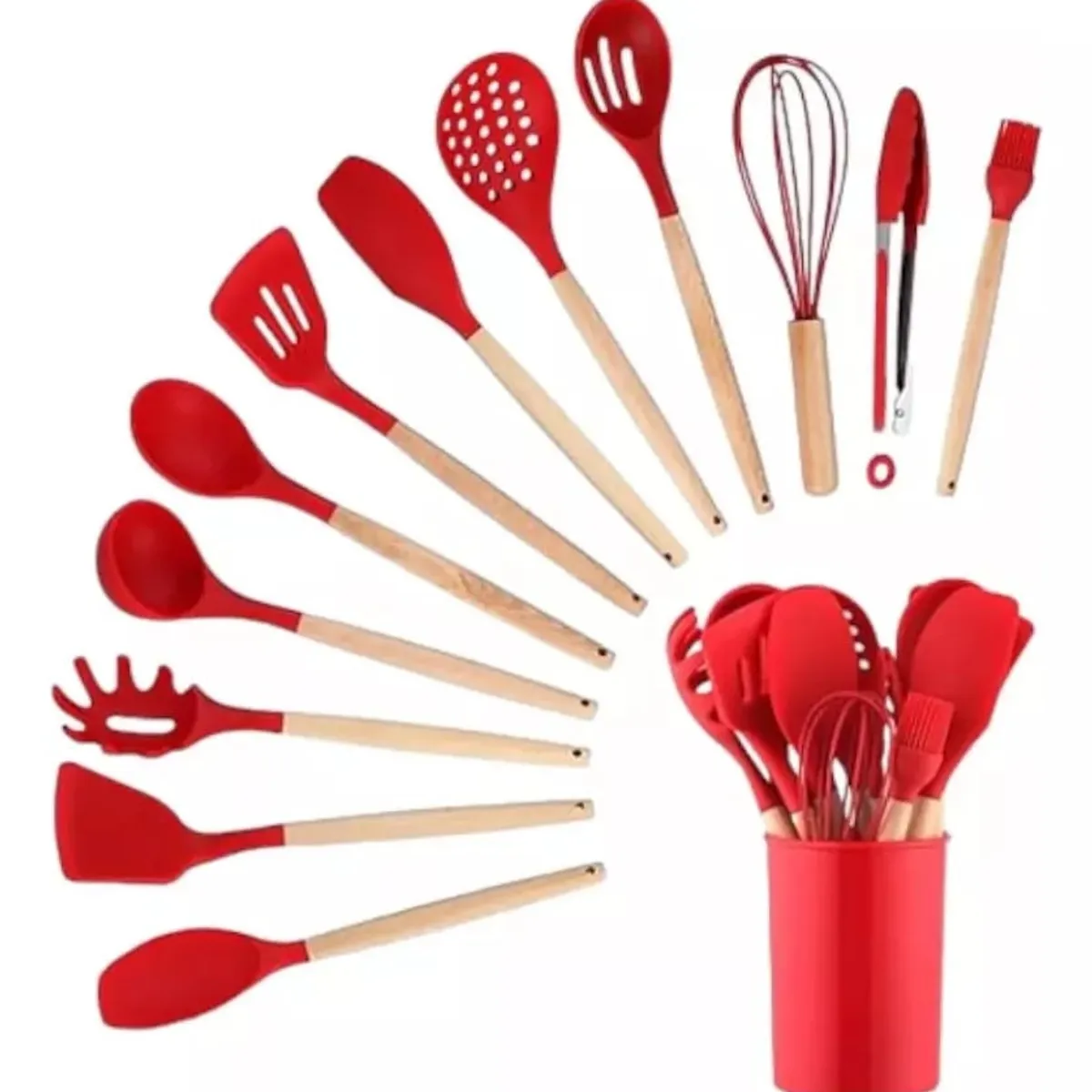 GENERICO - Utensilios Set De Cocina 12 Piezas Silicona Mango De Madera Rojo