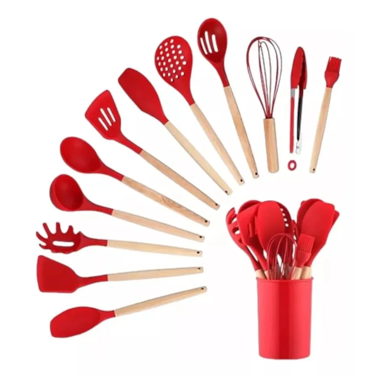 GENERICO - Utensilios Set De Cocina 12 Piezas Silicona Mango De Madera Rojo