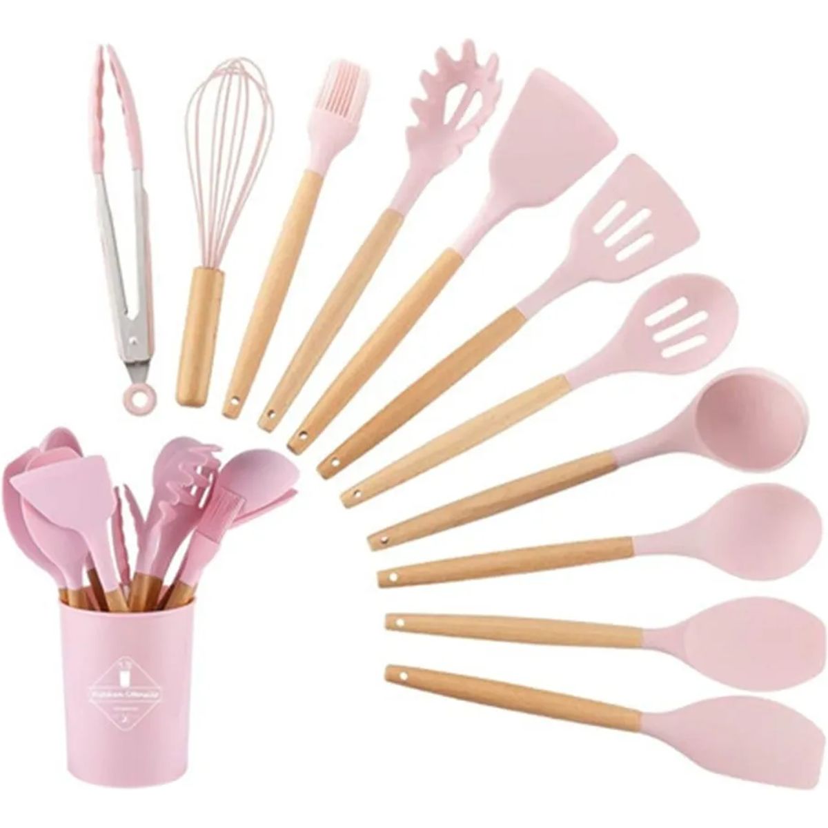 GENERICO - Utensilios Set De Cocina 12 Piezas Silicona Mango De Madera Rosado
