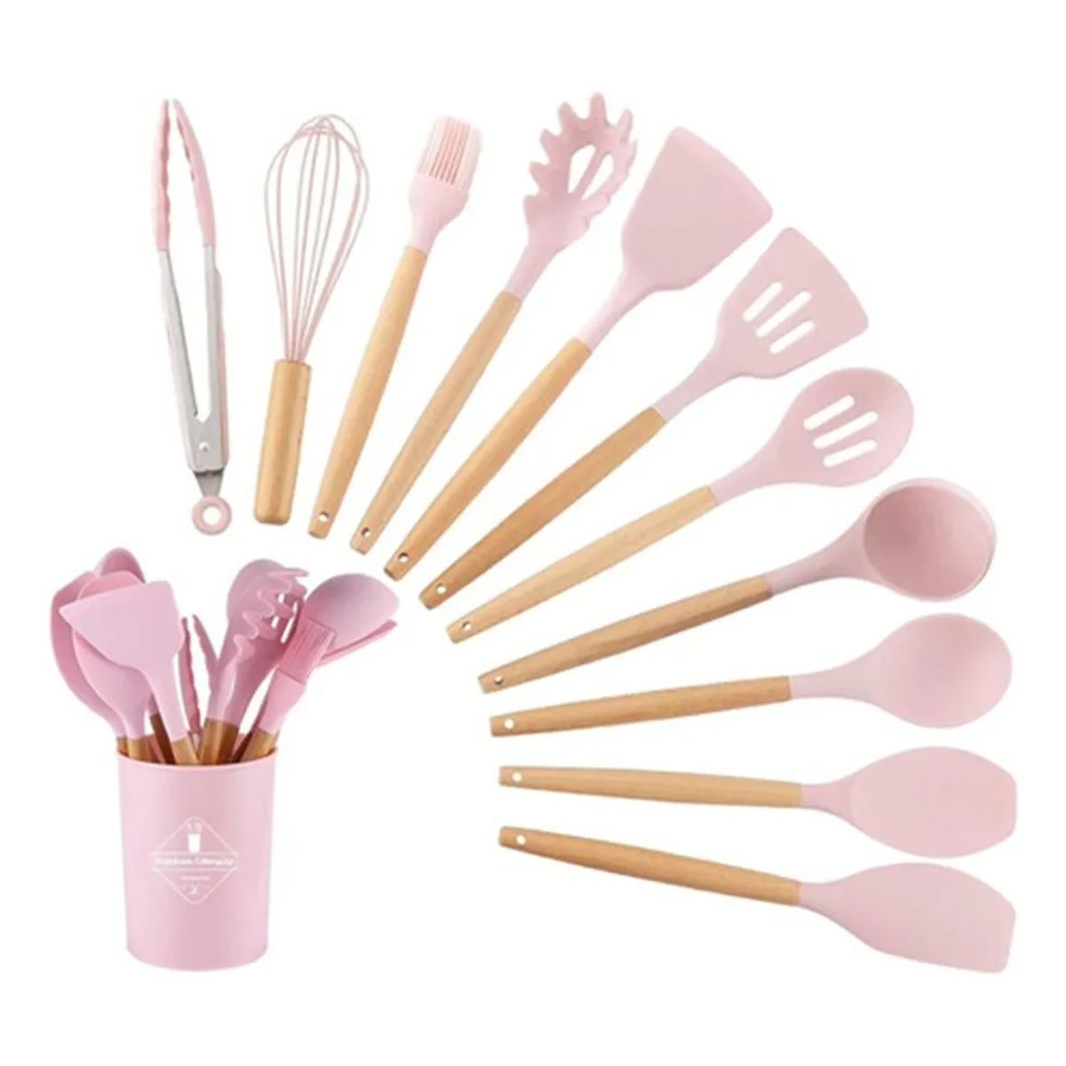 GENERICO - Utensilios Set De Cocina 12 Piezas Silicona Mango De Madera Rosado
