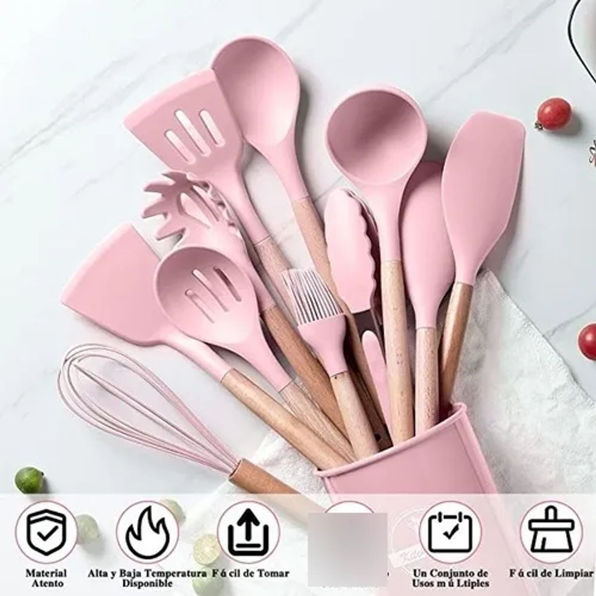 GENERICO - Utensilios Set De Cocina 12 Piezas Silicona Mango De Madera Rosado