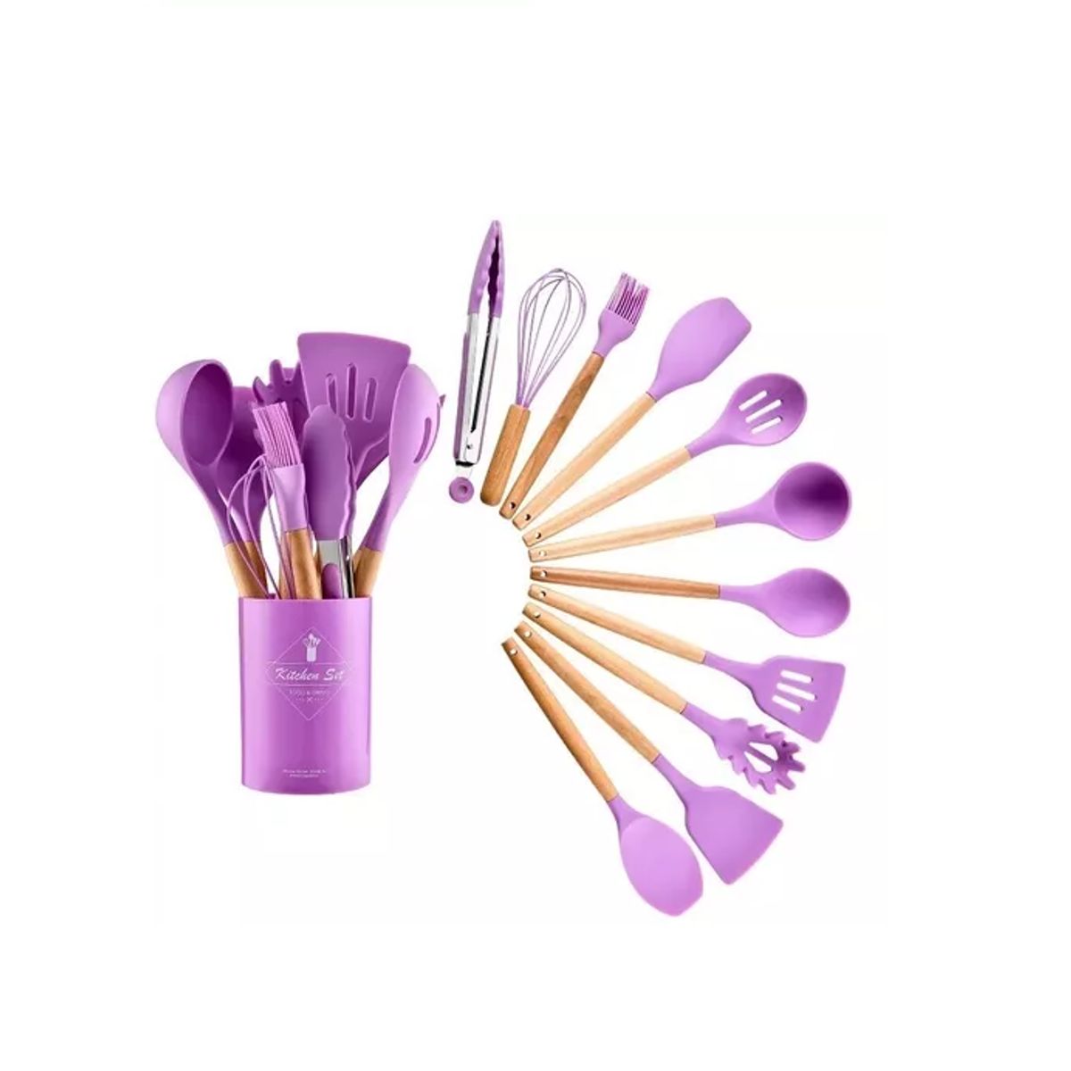 GENERICO - Utensilios Set De Cocina 12 Piezas Silicona Mango De Madera Lila