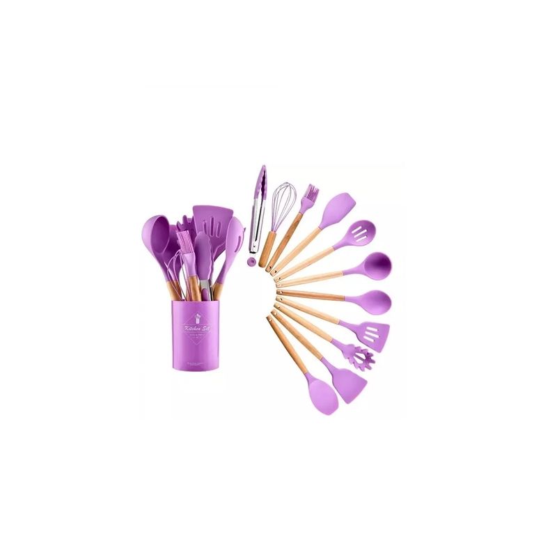GENERICO - Utensilios Set De Cocina 12 Piezas Silicona Mango De Madera Lila