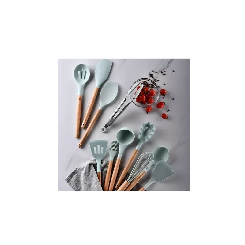 GENERICO - Utensilios Set De Cocina 12Piezas Silicona Mango De Madera Verde Menta