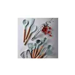 GENERICO - Utensilios Set De Cocina 12Piezas Silicona Mango De Madera Verde Menta