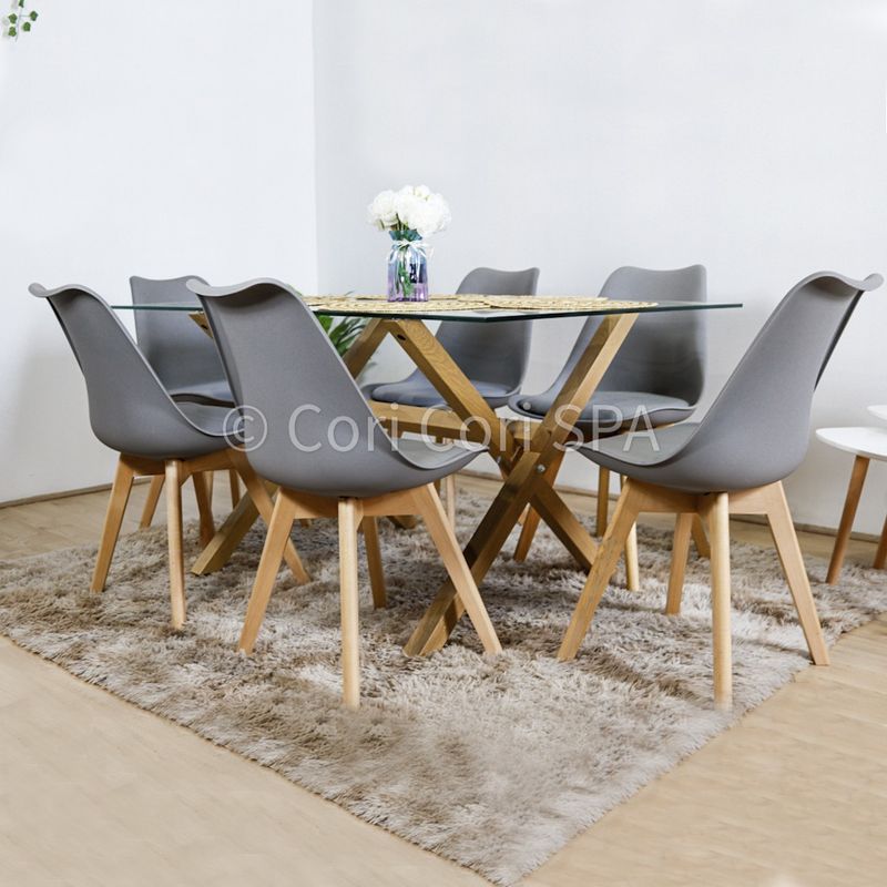 CORI CORI - Juego de Comedor Medlock Vidrio 140x90 + 6 Sillas Tulip Grises