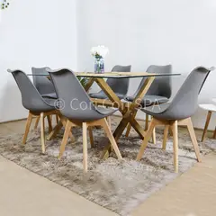 CORI CORI - Juego de Comedor Medlock Vidrio 140x90 + 6 Sillas Tulip Grises