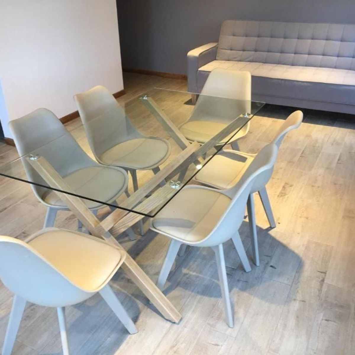 CORI CORI - Juego de Comedor Medlock Vidrio 140x90 + 6 Sillas Tulip Grises