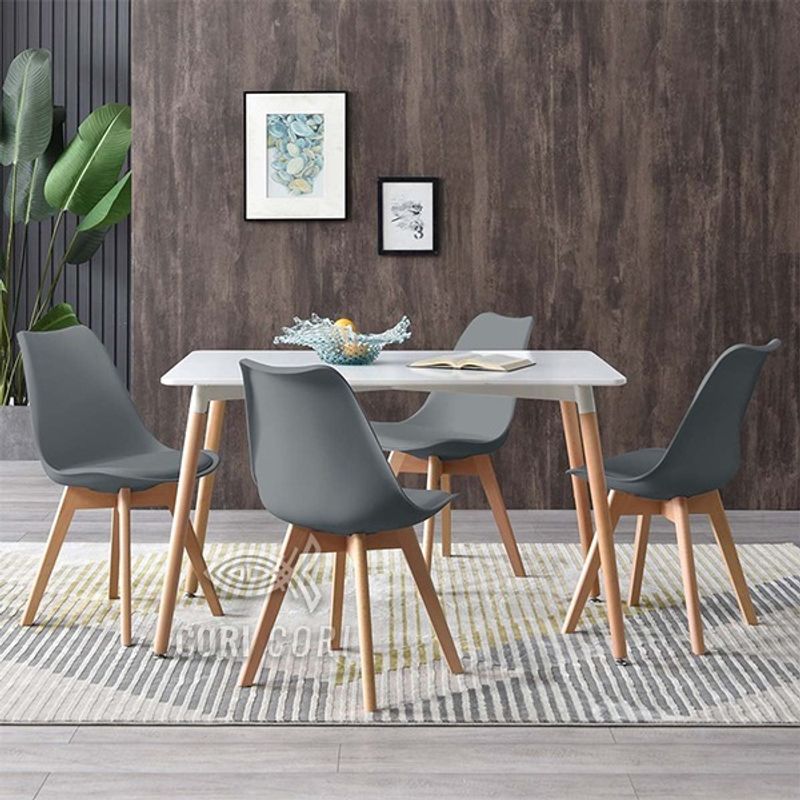 CORI CORI - Comedor Mesa Melamina blanco 120 x 80 + 4 Sillas Tulip grises