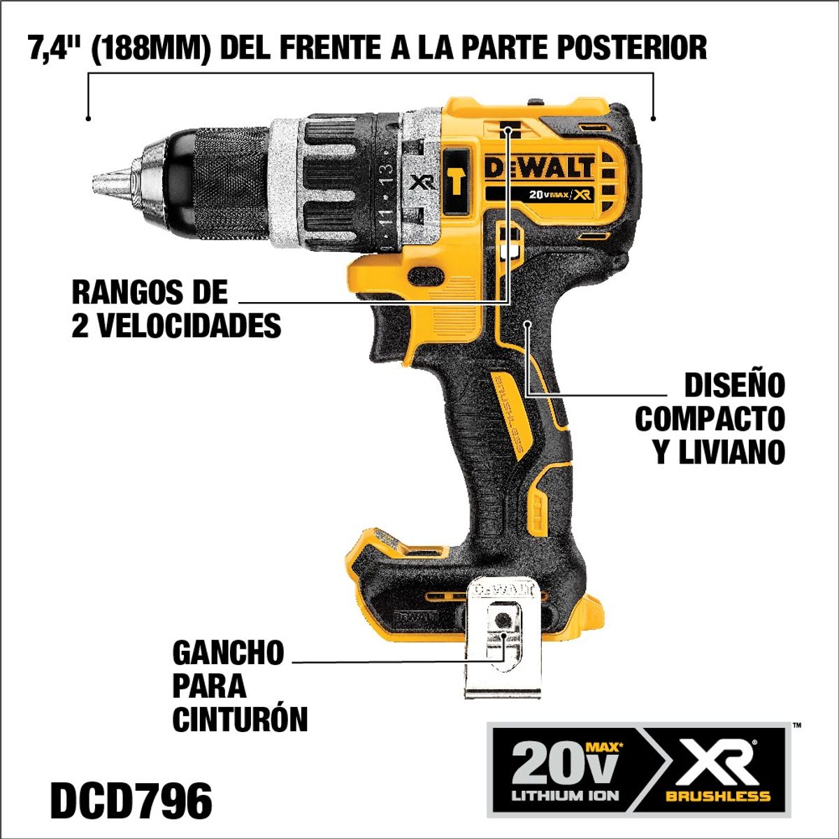 DEWALT - Taladro Percutor 20v S/carbones + 2 Bat 5ah Dewalt Dcd796p2