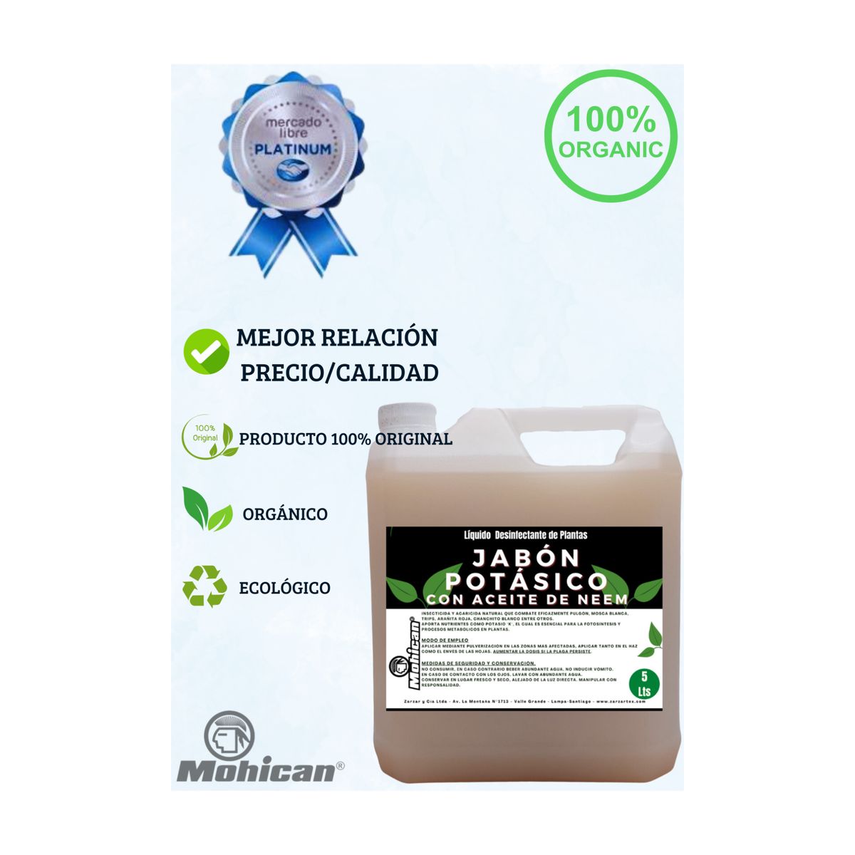 MOHICAN - PROMO JABÓN POTÁSICO ACEITE NEEM 5LTS+TIERRA DIATOMEAS 1,2KG