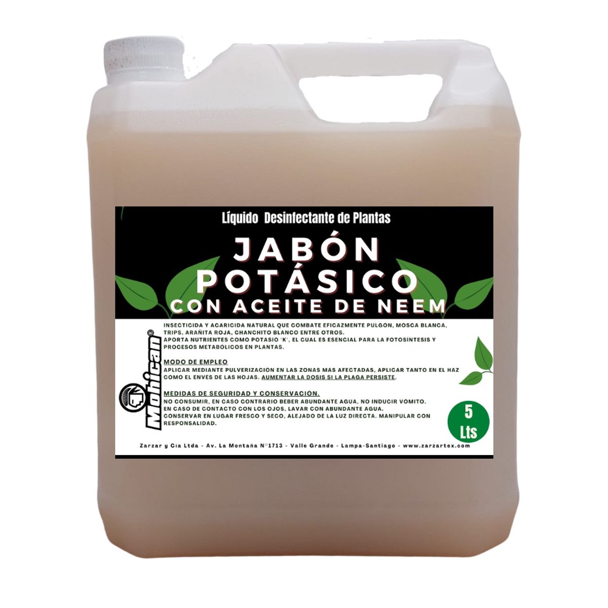 MOHICAN - JABON POTÁSICO LIQUIDO CON ACEITE DE NEEM BIDÓN 5 LTS