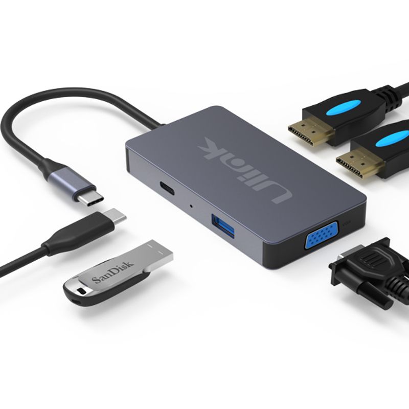 ULINK - Hub Adaptador Type-C (5en1) 4K HDMI X2/ VGA/ Type-C/ USB 3.0