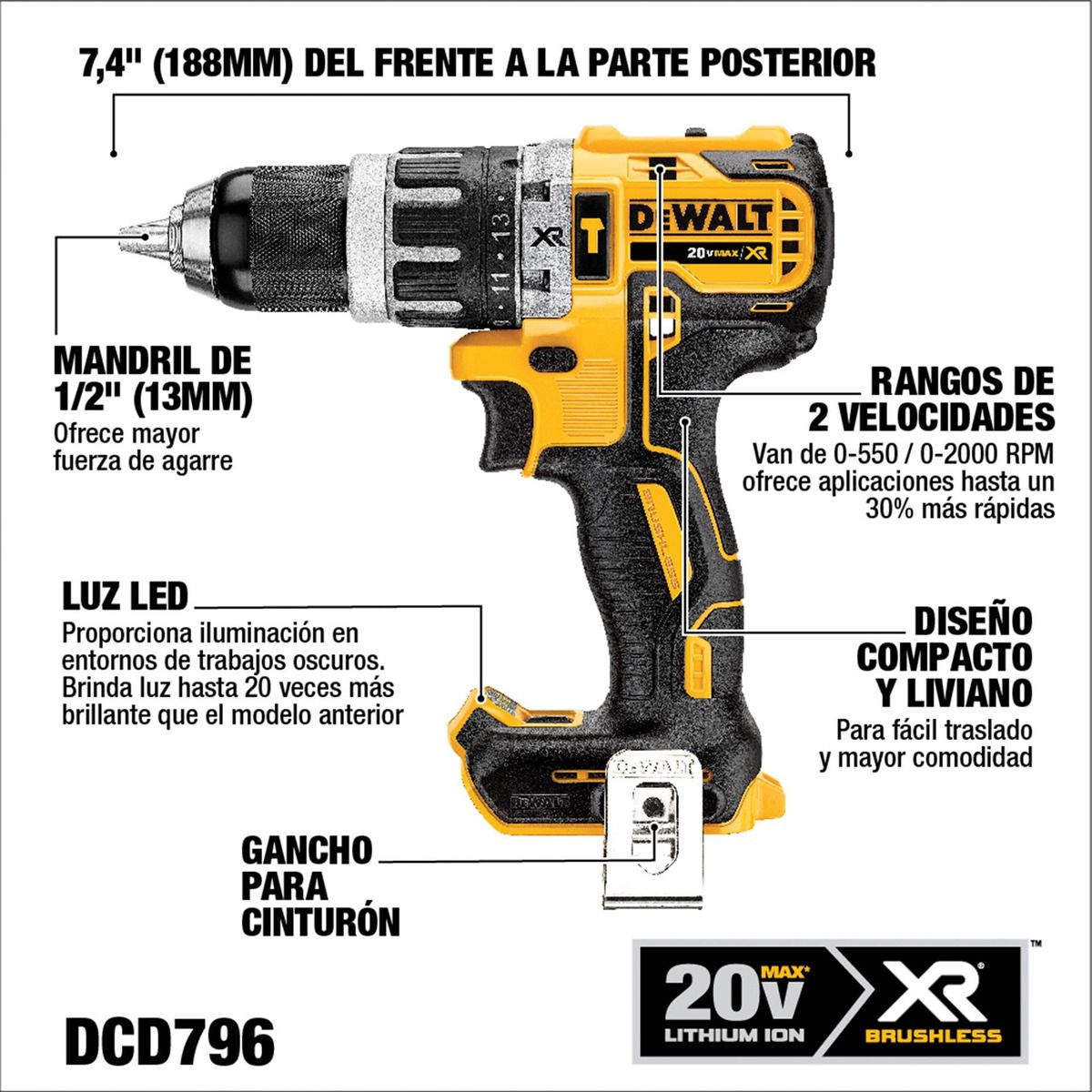 DEWALT - Taladro Percutor Brush. 20v Xr Dcd796b Dewalt Sin Baterias
