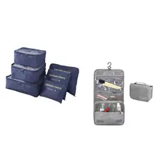 GENERICO - Cosmetiquero Bolso Portatil Azul + Set 6 Organizadores De Equipaje