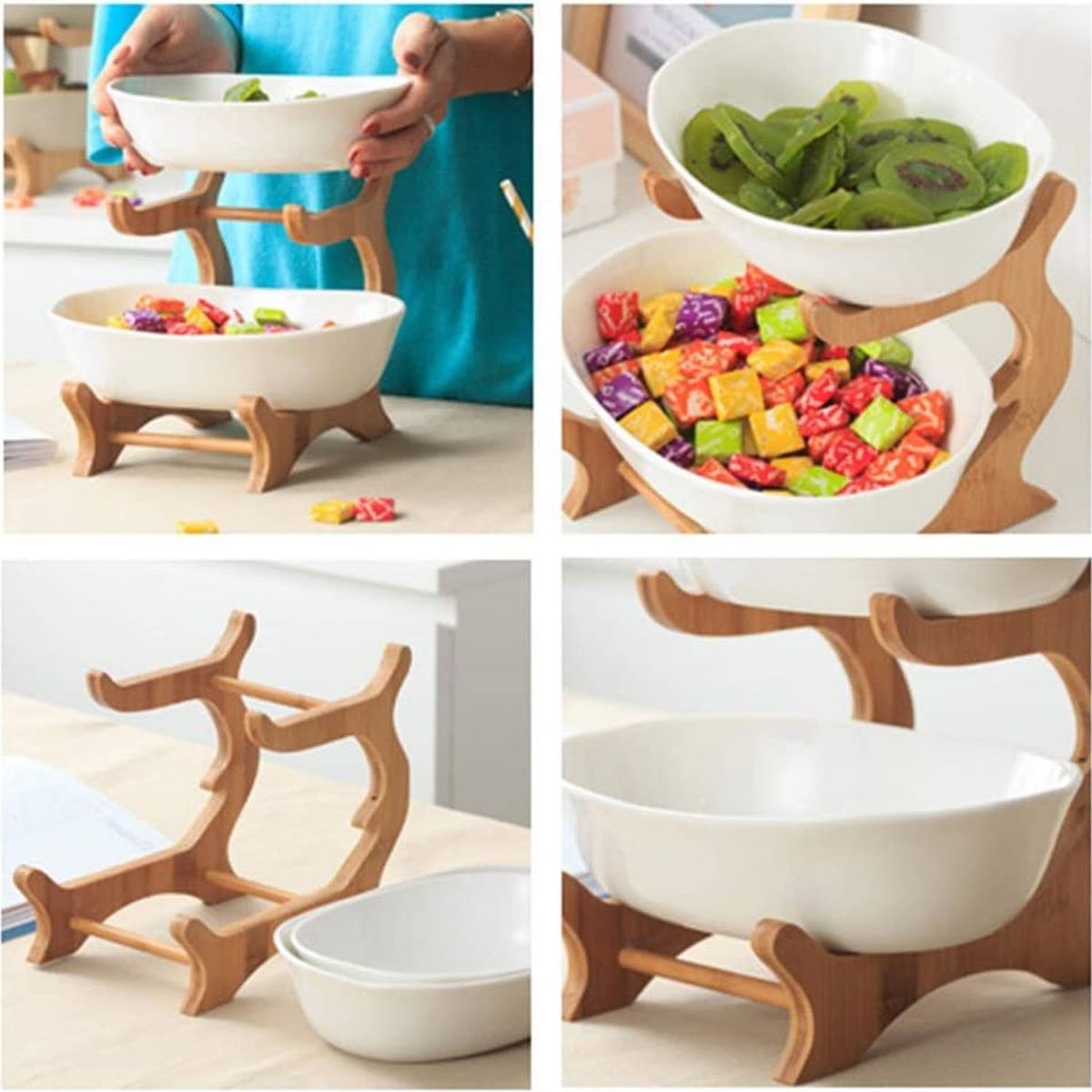 GENERICO - Frutera cerámica y madera 2 niveles 26cm