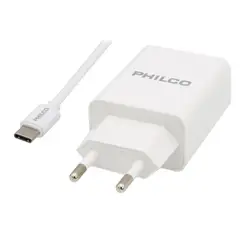 PHILCO - Cargador doble puerto USB con cable tipo C R2109