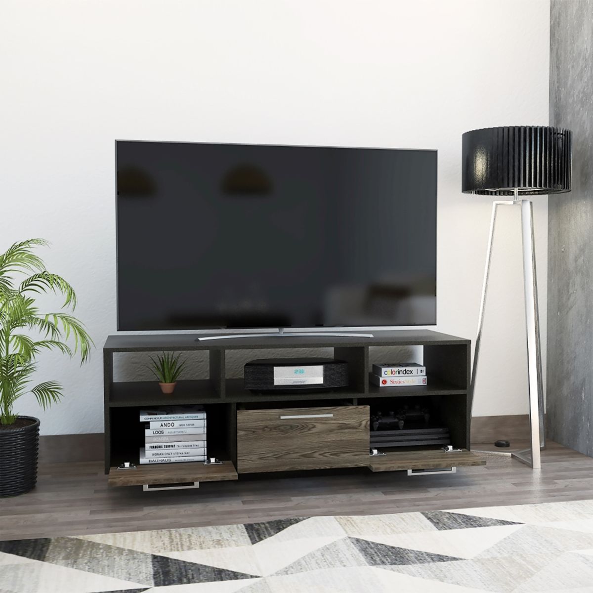 FMFURNITURE - Rack TV  58" Con 1 Cajon Y 2 Puertas Fm-035N - Negro / Cafe Oscuro