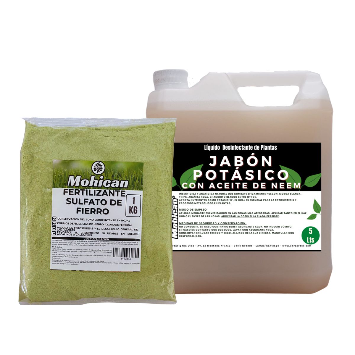 MOHICAN - PROMO JABÓN POTÁSICO ACEITE NEEM 5LTS + SULFATO FIERRO 1KG