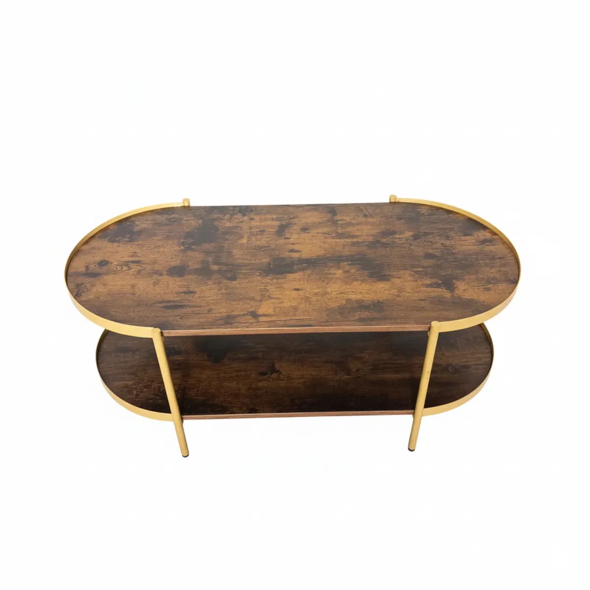 AGUILA - Mesa de Centro Opal Ovalada y Rústica con Estructura Metal y Doble Nivel - Café Oscuro